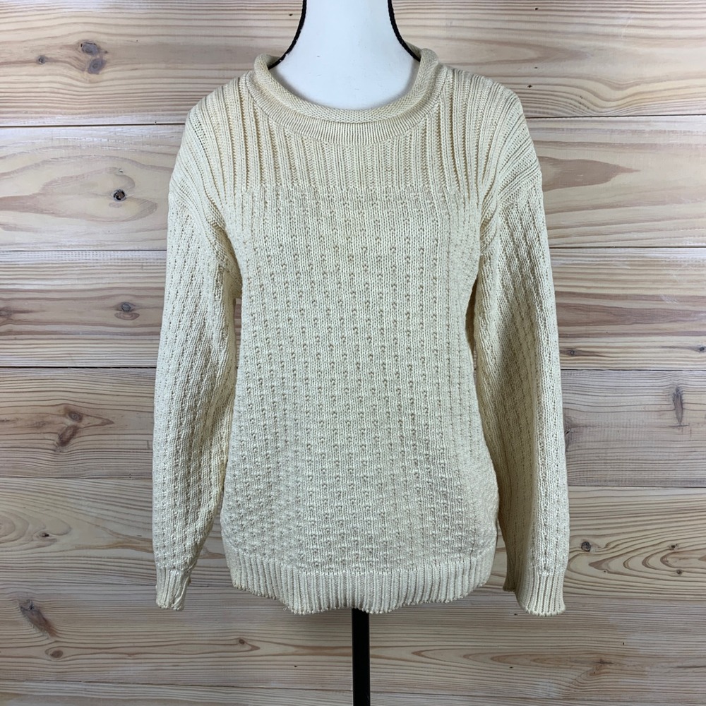 Sassy Knit Sweater Womens L Cream Roll Neck Vintage USA Cotton Pullover Boho